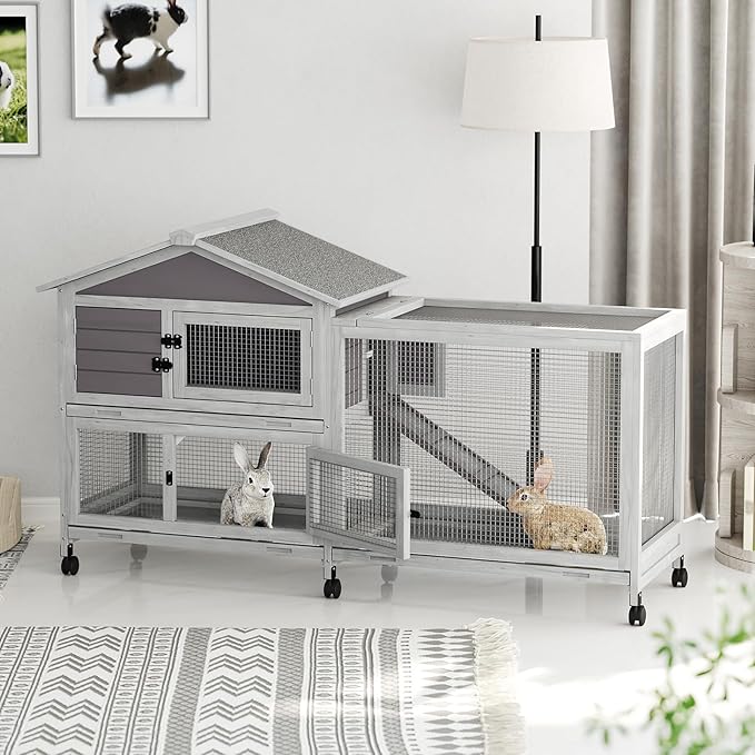 Rabbit Cage with Weatherproof Roof, Bunny Cage with 6 Lockable Caster Wheels & Pull-Out Tray, Rabbit Hutch for Indoor Outdoor Use, Grey（63.2" l x 22.4" w x 37"）