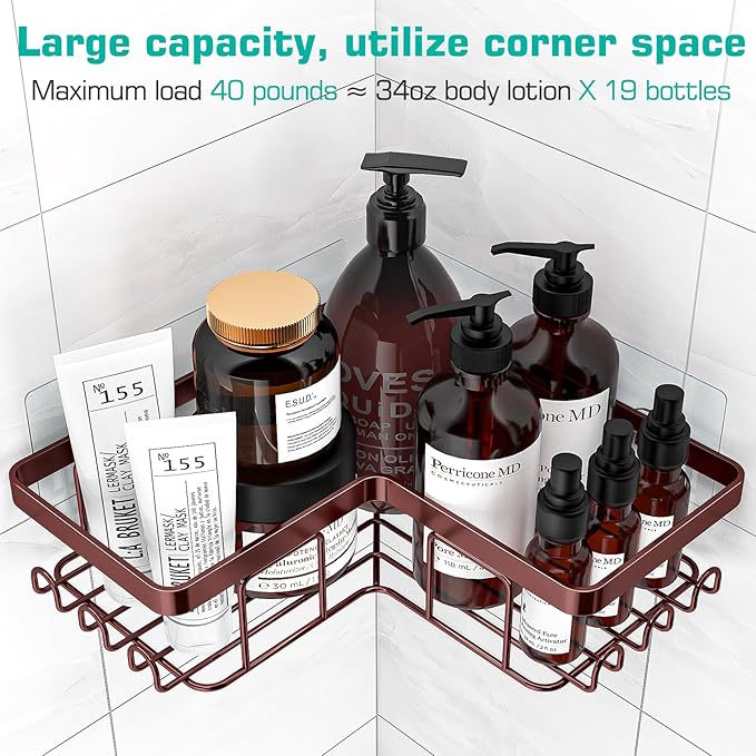 YASONIC Corner Shower Caddy, 3-Pack Adhesive Shower Caddy with Soap Holder and 12 Hooks, Rustproof Stainless Steel, No Drilling Wall Mounted Rack Organizer, for Bathroom, Bronze