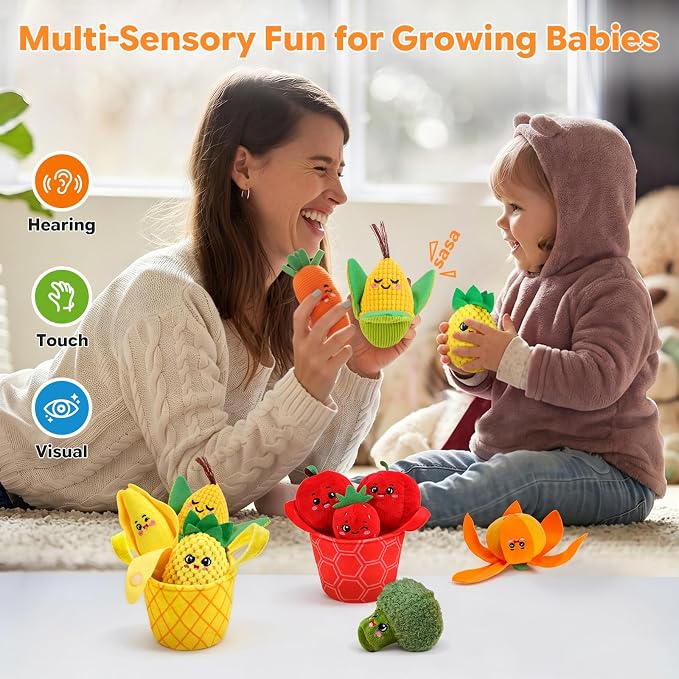 HumorPlay Montessori Baby Toys 6-12-18 Months, 12PCS Soft Fruit & Vegetable Sensory Toy Set & 4 Color Sorting Baskets, Fine Motor Skill Educational Toys for 1 Year Old Boy Girl Birthday Gifts