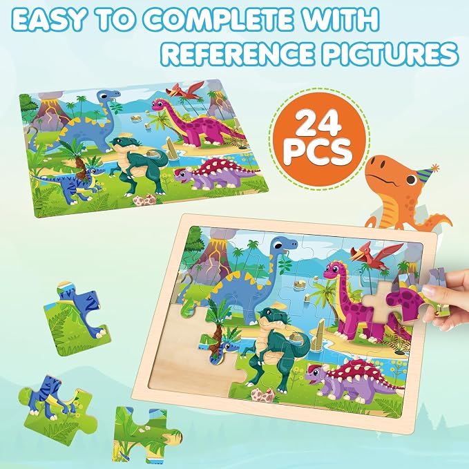 4-Pack Wooden Puzzles for Kids Ages 3-5, 24-Piece Animals Toddler Set | Toddler Puzzles Ages 3-5, Preschool Puzzles with Wooden Jigsaw Boards for Fine Motor Skills, Shape Recognition and Travel