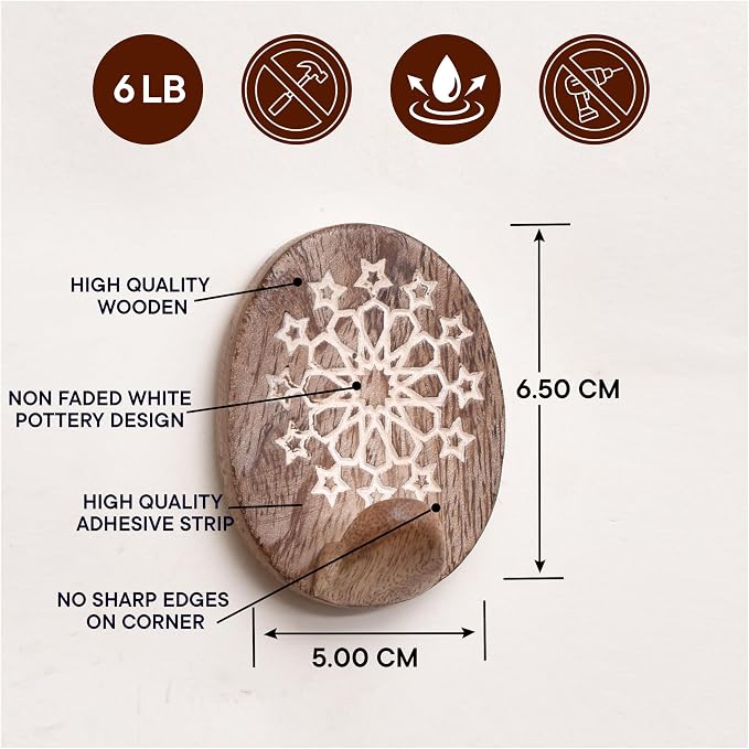 Indian Shelf 6 Lb- 3 Pieces Decorative Wood Adhesive Wall Hooks–Boho Peel and