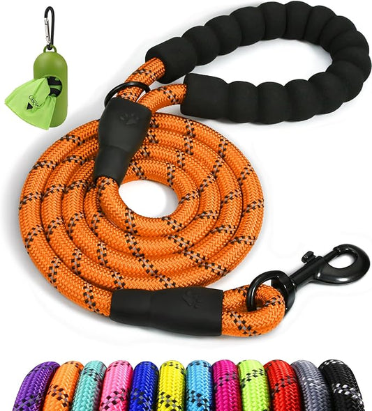 Taglory Rope Dog Leash 6 FT with Comfortable Padded Handle, Highly Reflective Threads Leash and Anti-Tangle Clip for Walking Medium Large Dogs, 1/2 inch, Orange