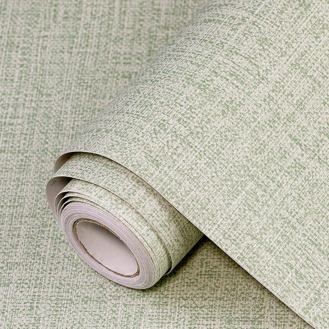 Green Grasscloth Peel and Stick Wallpaper 17.3"x300" Faux Linen Textured