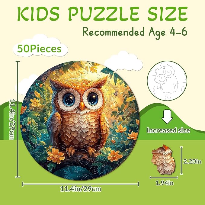 Animal Wooden Puzzles for Kids - Cute Owl | 50 Piece Puzzles for Kids Ages 4-6 - Kids Puzzle with Unique Piece Shapes - Round Puzzles for Boys and Girls (11.4 * 11.4 in)