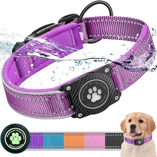 Airtag Dog Collar with Waterproof Air Tag Holder, Luminous Reflective, Soft Padded, Adjustable Nylon Pet Collar for Small Medium Large Heavy Duty Dogs,Purple, XL