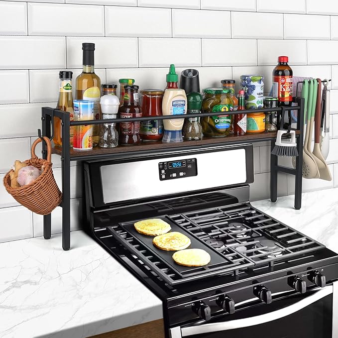 Meangood Spice Rack Shelf for Kitchen Stove, Over the Stove Shelf with 4 Hooks Extra Storage Countertop, Rustic Wood & Solid Metal Commbined Stove Shelf for Storage Seasoning, Easy to Assemble