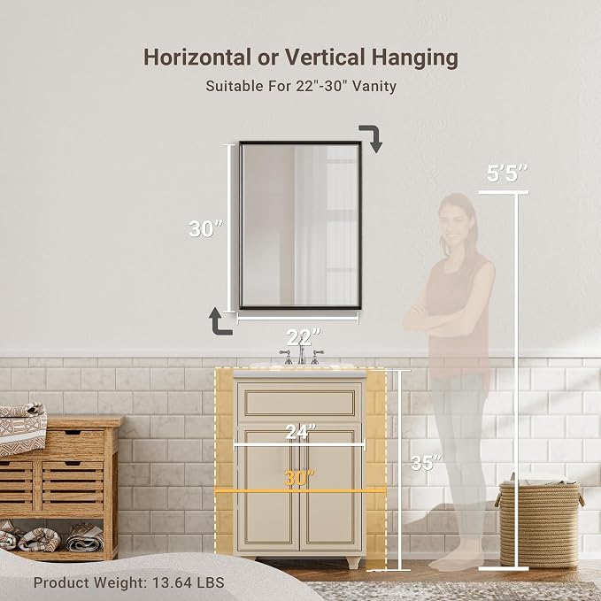 Black Framed Mirror for Bathroom, 22x30 Inch Black Rectangle Beveled Bathroom