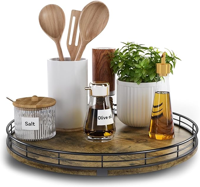 Lazy Susan Turntable Organizer for Table Top, 13’’ Round Wooden Lazy Susan for Cabinet Kitchen Countertop Pantry Dining Coffee Table for Condiments Spices, Rustic Bathroom Vanity Tray for Soap Candle