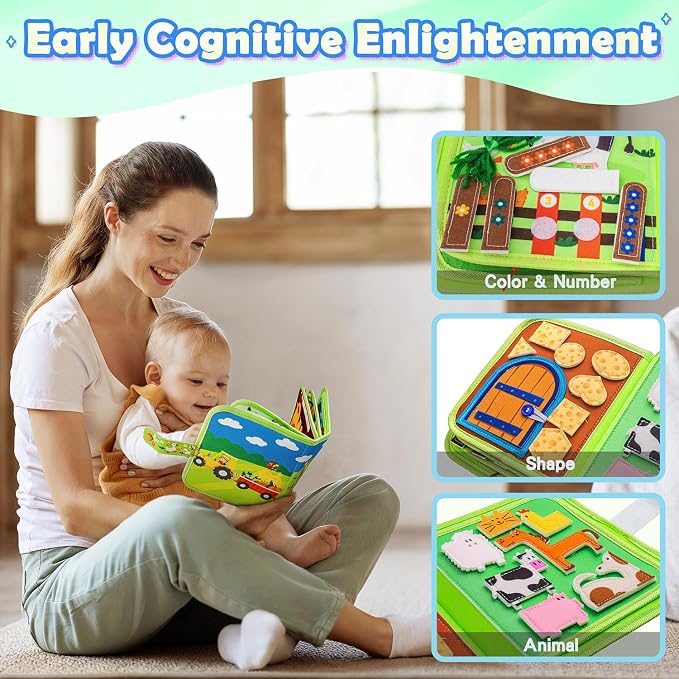 Busy Book for Toddlers 1-3 Montessori Busy Board for 1 Year Old Boy Girl Gift Farm Animal Sensory Toys Educational Learning Quiet Airplane Travel Activity Books First Birthday Gifts
