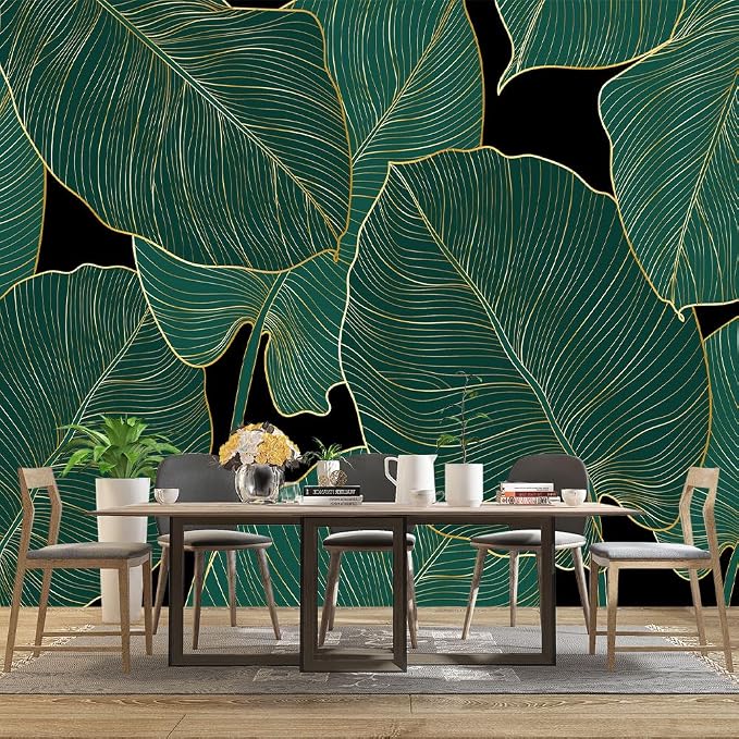 Black and Gold Leaf Mural Bedroom Tropical Green Botanical Wallpaper Room Plant