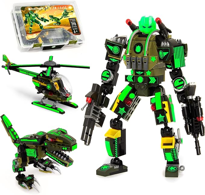 JITTERYGIT Robot Army Buildable Mech Soldier Glow in The Dark Gift Toy Set, Helicopter Military Creative STEM Project, Dinosaur Building Bricks Kit for Kids Ages 6-11 Years Old