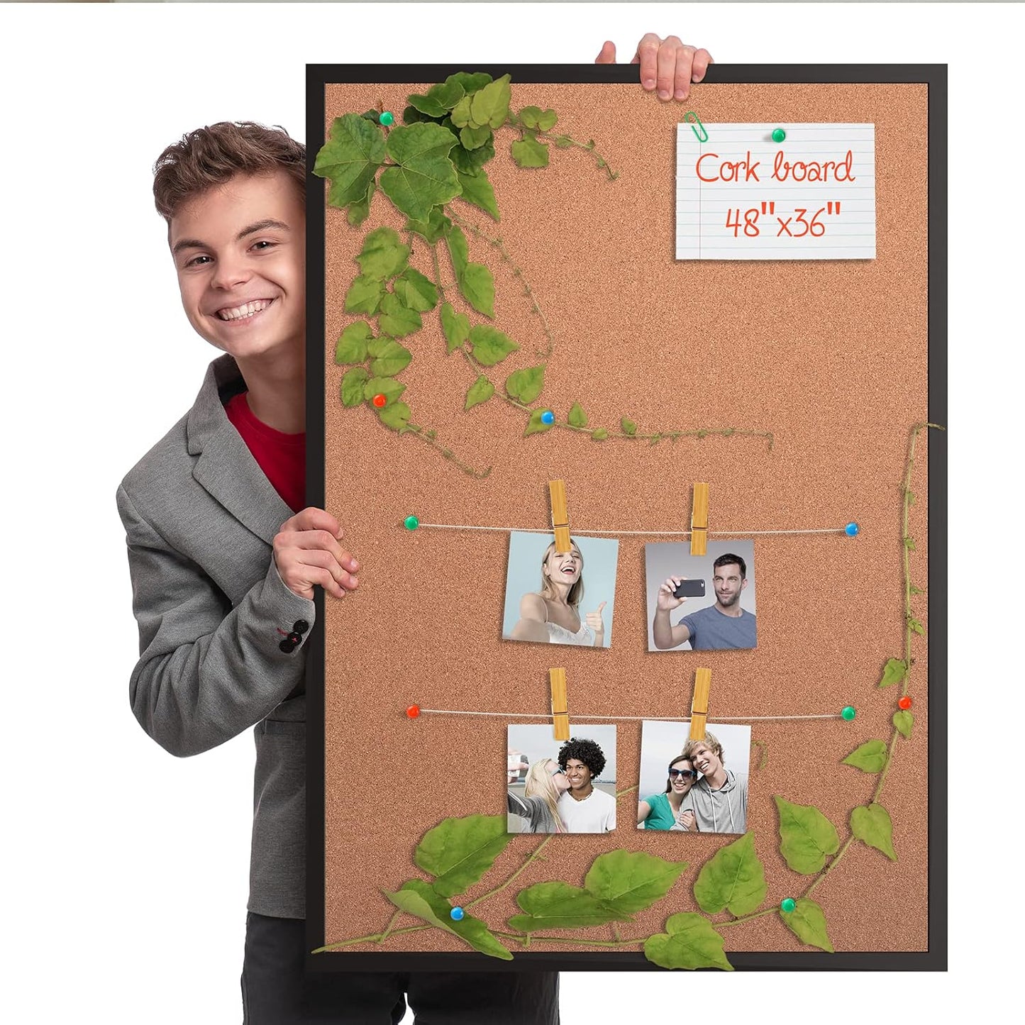 Board2by 2-Pack Cork Board Bulletin Board 36 x 48, Black Wood Framed 4x3 Corkboard, Office Board for Wall Cork, Large Wall Mounted Notice Pin Board with 32 Push Pins for School, Home & Office