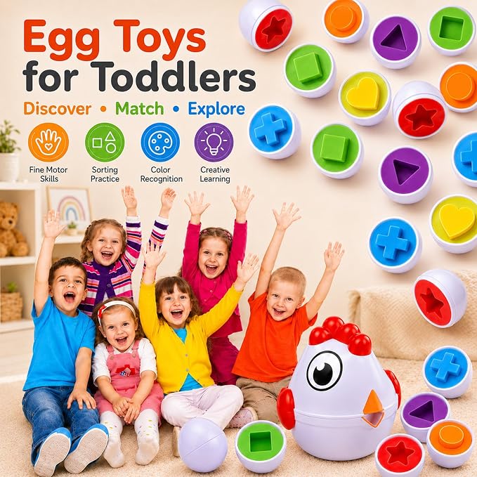 Toddlers Easter Chicken Eggs Matching Toys for Boys Girls 2 3 4 5 Years, Colors & Shape Matching Game, Preschool Sensory Fine Motor Skills Development Toy, Birthday Gifts for Baby Boys Girls