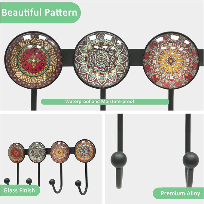 Coat Rack Wall Mounted with 4 Hooks, Round Brown Pattern Decorative Wall Hooks