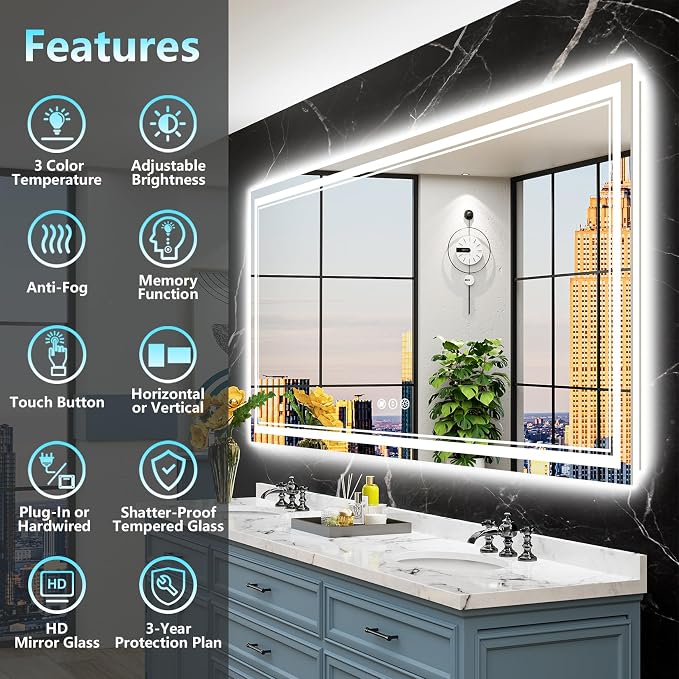 72x40 LED Bathroom Mirror with Lights, Backlit and Front Lit Anti-Fog Lighted