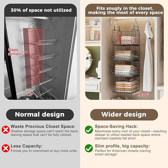 4" Extra Deeper Hanging Closet Organizers and Storage,4 Tier Foldable Wire Cabinet Shelves with 5 S Hooks,Small Metal Basket Bins for Clothes Sweaters Handbags, Wardrobe for Kitchen Laundry Room，Black