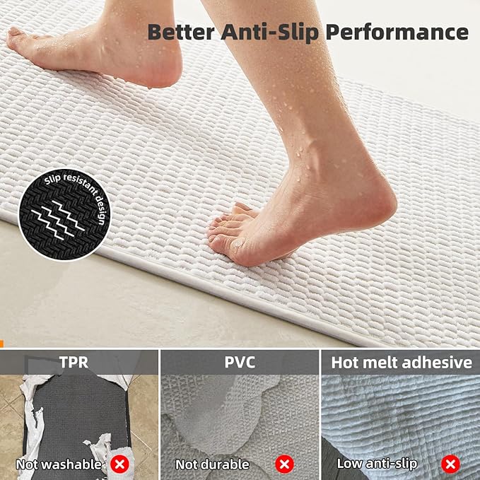 Bathroom Rugs Non Slip Washable, Super Absorbent Thin Bath Mat Quick Dry Low Pile Bathroom Rug, White 20"x48"