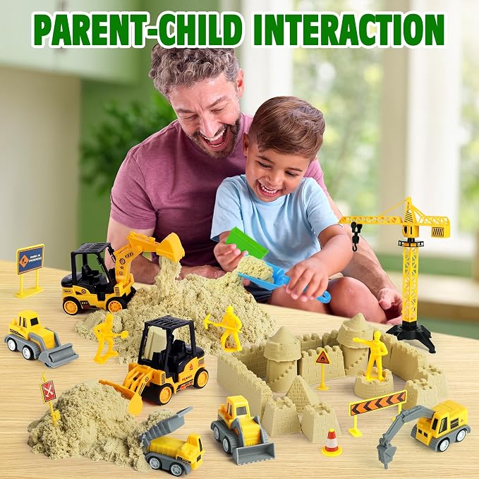 Billeeit Sand Construction Kit w/Sand Box and 2.2lbs Sensory Bin Play Sand | Including 15 In Foldable Sand Box, 8 Truck Toys, Castle Molds and Other Accessories 36Pcs Set, Gifts for Kids 3+