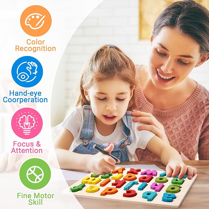 Alphabet Puzzle Wooden Puzzles for Toddlers ABC Puzzle | Shape Alphabet Learning Puzzles Toys with Puzzle Board & Letter Blocks for Preschool Girls Boys Lowercase Letter Puzzle