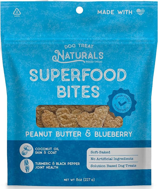 Dog Treat Naturals: Superfood Bites - Peanut Butter & Blueberry - 8oz Bag, Healthy Snacks, Chewy Reward, Turmeric for Joint Health