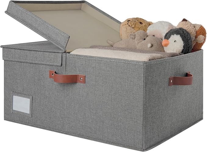 GRANNY SAYS Large Storage Bins with Lids, Decorative Storage Boxes, Collapsible Fabric Storage Bins with Double-Open Lid and Divider, 63L Linen Sorage for Closet, Dark Gray
