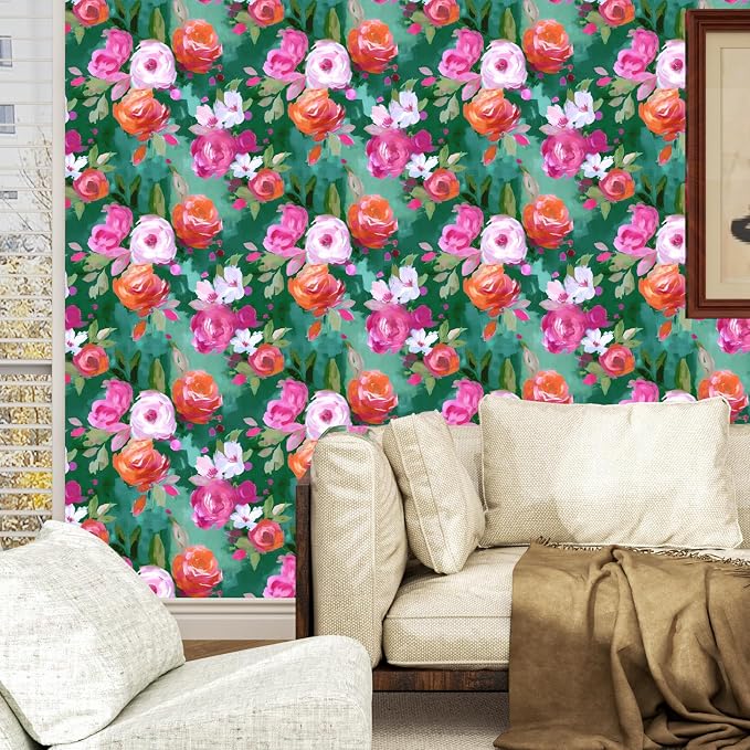 BOKEBEVE Extra Long Bright Wallpaper Stick and Peel Green Colorful Wall Paper