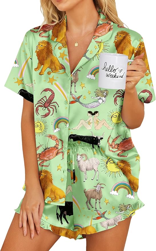 Ekouaer Womens Satin Pajamas Set Button Down 2 Piece Silk Pjs Shorts Set Ruffle Lingerie Notch Collar Sleepwear