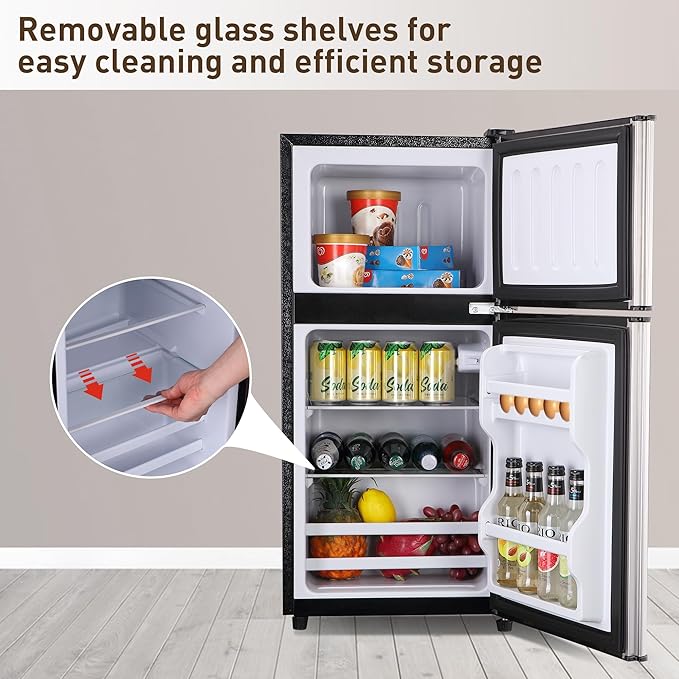 Mini Fridge with Freezer, 3.3 Cu. Ft. Double-Door Small Refrigerator with Adjustable 7-Level Thermostat & Separate Freezer, Dorm Fridge Compact for Kichen, RV, Office, Apartment, Silver