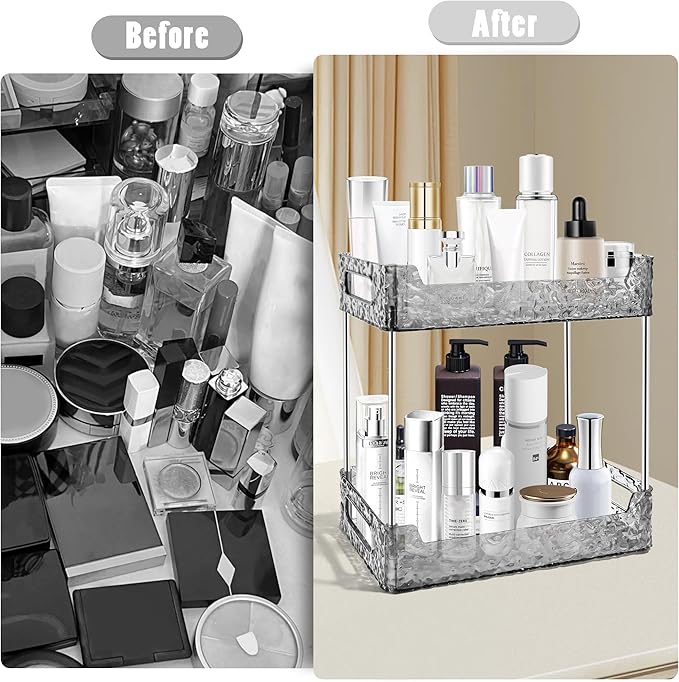 2-Tier Bathroom Counter Organizer Countertop Storage, Dresser Organizer Vanity Tray for Makeup, Perfume Organizer Cosmetics Skincare Shelf - Grey