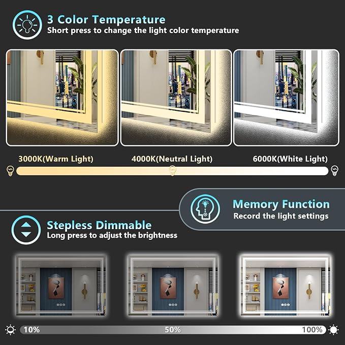 60x36 LED Bathroom Mirror with Lights, Backlit and Front Lit Anti-Fog Lighted