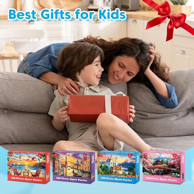 100 Piece Puzzle World Famous Landscapes Jigsaw Puzzles Large Piece Puzzles for Adult Seniors Kids Puzzles for Kids Ages 4-6 6-8 Learning Educational Toys Gifts for Girls Boys 4 Packs