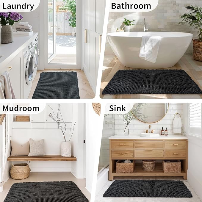 Black Bathroom Rug - Waffle Bath Mat Non Slip Washable, Super Absorbent & Quick Dry, Boho Bath Mat Farmhouse Bathroom Decor, 20'' x 32'', Black
