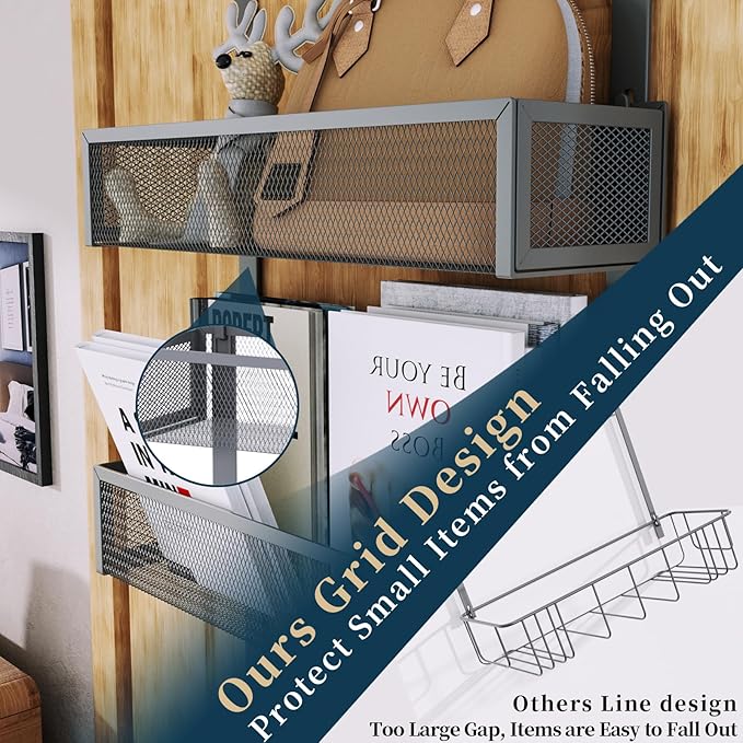 Consumest Over The Door Hooks Organizer - Extra Long Door Hanger with 9 Coat Hooks & 2 Mesh Basket, Back Storage Organizer Hanging Towels for Bathroom, Bedroom - Grey (for 1.76 in Doors)