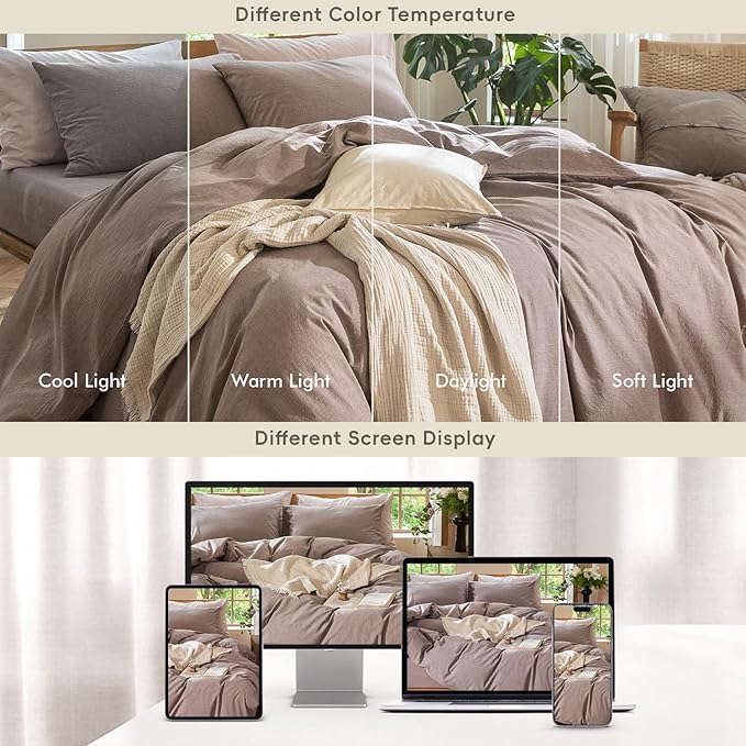 MooMee Bedding Duvet Cover Set 100% Washed Cotton Linen Like Textured Breathable Durable Soft Comfy (Heathered Mauve Brown, King 104"x90")