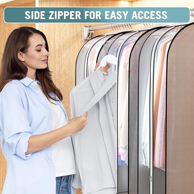 10" Gusseted Garment Bags for Hanging Clothes 60" Suit Bags for Open Closet Storage, Side Clear Clothing Cover for Coat, Dress, Jacket, Shirt, Fur Wardrobe Protector, 3 Packs, Grey