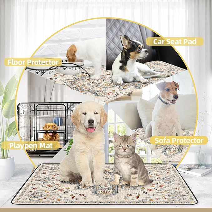 Washable Pee Pads for Dogs 2 Pack, 36" x 24" Reusable Puppy Pads Waterproof, Super Absorbent Dog Rugs, Leakproof, Dog Crate Pad, Playpen Mat, Whelping Pads, White Medallion