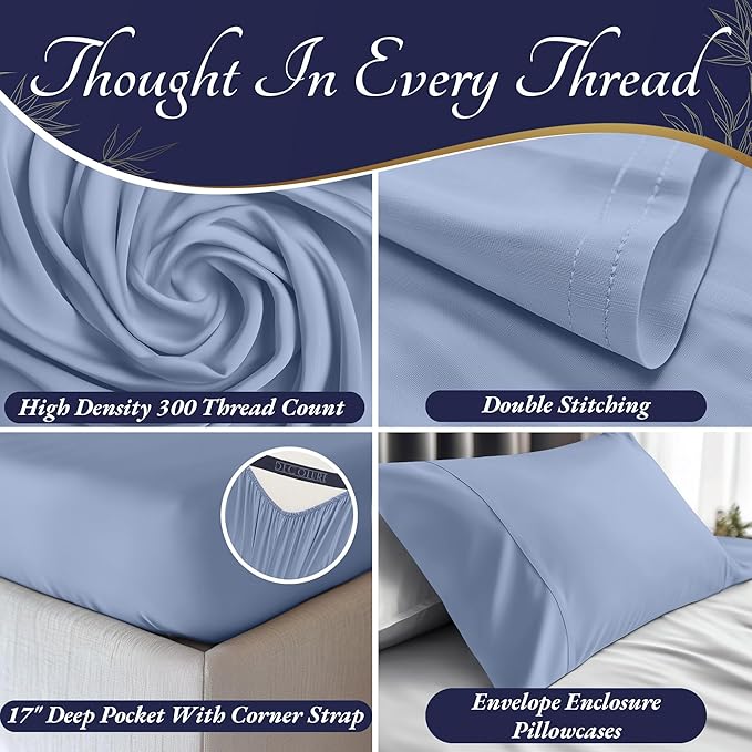 DECOLURE 100% Viscose Derived from Bamboo Sheets Cal King Size 4pcs - Ultra Soft & Luxuriously Cooling, 17" Deep Pocket,Double Stitching,Perfect for Hot Sleepers - King Bed Sheets (Light Blue)