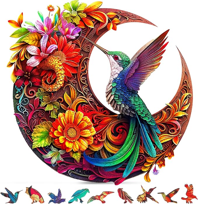Unique Wooden Puzzles for Adults, Hummingbird Puzzle 300 Pieces 15.35" x 15.15", Animal Shaped Wood Puzzles Adult, Wooden Jigsaw Puzzles for Adults, Family Games for Kids and Adults