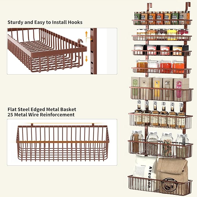 Moforoco Over The Door Pantry Organizer, Pantry Door Organizer Shelves, Kitchen Organizers and Storage, Hanging Basket Wall Spice Rack Seasoning Shelves, Laundry Room Bathroom accessories（Brown ）