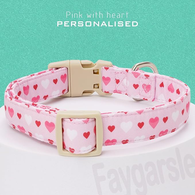 Faygarsle Valentine's Day Dog Collar, Pink with Red and White Hearts Pattern, Adjustable with Quick-Release Buckle and Heart Charm L