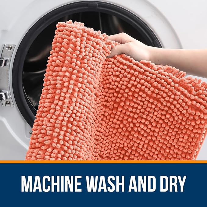 OLANLY Bathroom Rugs 44x24, Extra Soft Absorbent Chenille Bath Rugs, Rubber Backing Quick Dry, Machine Washable Bath Mats for Bathroom Floor, Tub and Shower, Home Decor Accessories, Coral