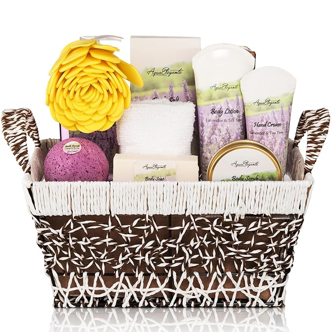 Spa Baskets For Women - Luxury Bath Set With Lavender & Tea Tree Oil - Spa Kit Includes Wash, Bubble Bath, Lotion, Bath Salts, Body Scrub, Hand Cream, Shower Puff, Bathbombs, Soap and Towel