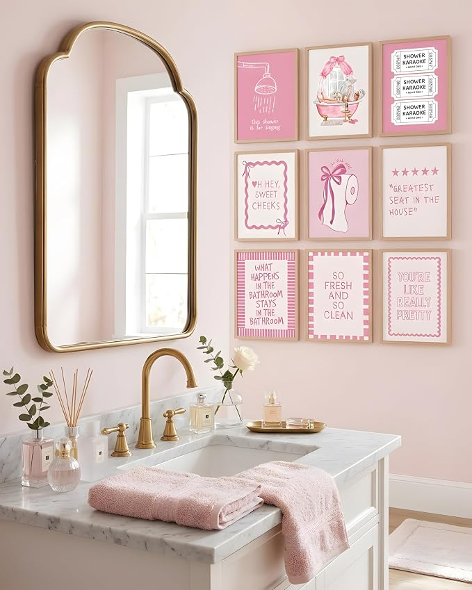 tgguytiy 9Pcs Pink Bow Bathroom Wall Art Prints, Coquette Bowknot Aesthetic