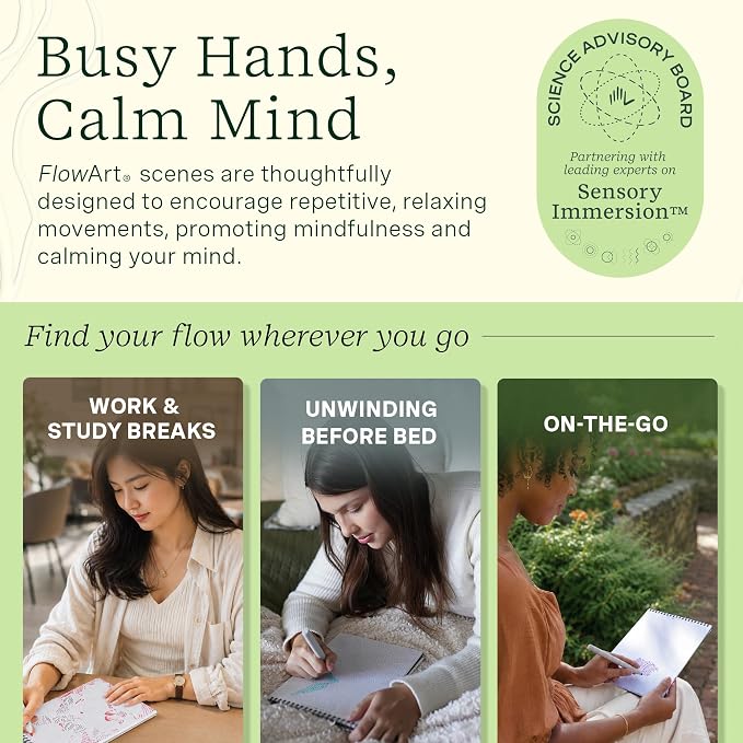 Lifelines FlowArt Activity Pad 3-Pack, Guided Art Meditation Coloring Books | 12 Double-Sided Markers, 60 Scenes - Guided Dot Art Meditations for Tweens, Adults & Seniors - Patent-Pending