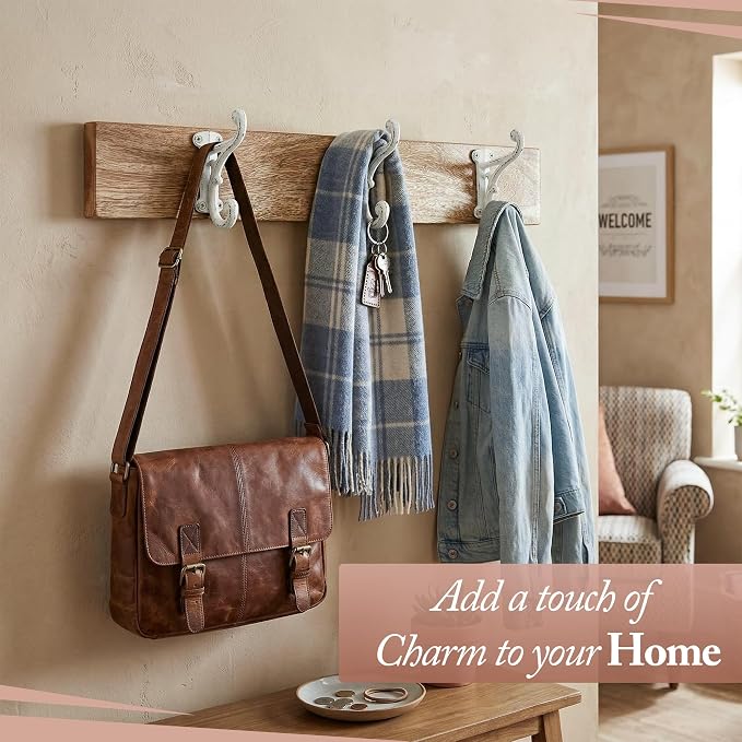 Rustic Cast Iron Coat Hooks Antique White, Wall Mounted, Farmhouse Decorative