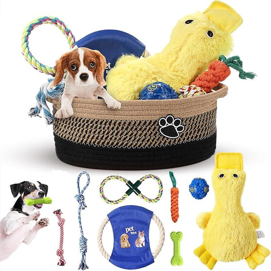 Zopeal Puppy Dog Toy Gift Storage Basket with Dog Toys Set Chew Toys Birthday Gift Basket Teething Interactive Squeaky Duck for Teething Small Medium Large Dogs(Black)
