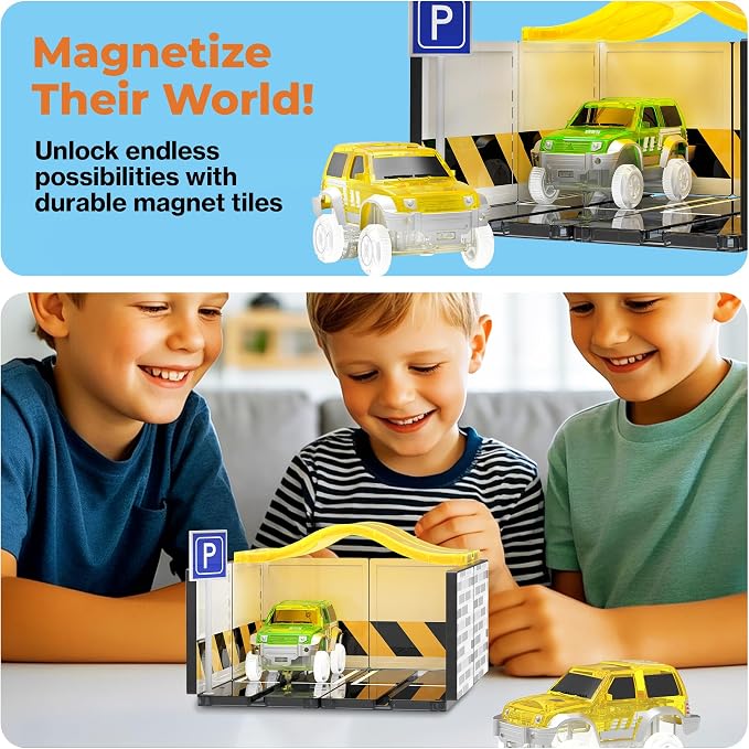 PicassoTiles Magnetic Tiles Race Car Track Kit Parking Garage Expansion Pack with 2 Cars Magnet Tile Building Blocks Educational Toy Learning Kit Pretend Play Construction Set Kids Child Ages 3+ PTR07