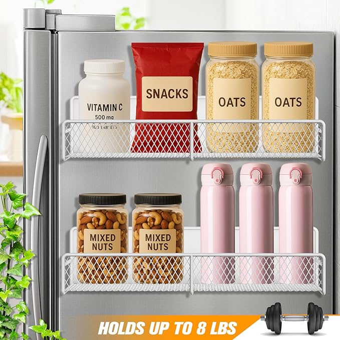 Magnetic Spice Rack for Refrigerator, 2 Pack Magnetic Shelf for Fridge with 4 Hooks, Black Magnetic Shelves, Organization and Storage Kitchen, Magnet Shelf for Fridge, Cabinet Organization