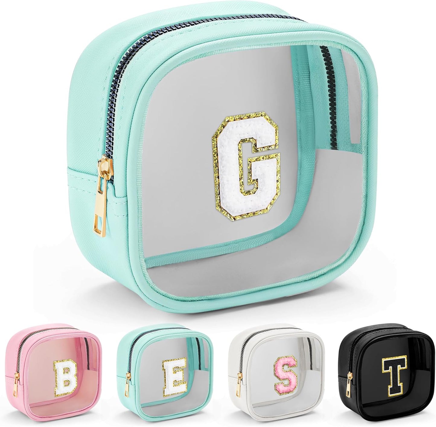 YOOLIFE Initial Make Up Bag Travel Toiletry Bag, Clear Makeup Bag Preppy Cosmetic Bags Organizer Travel Essentials Gifts for Women Teen Girlfriend Teacher Mom Birthday Mothers Day Gifts Mini Blue G