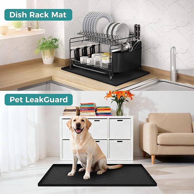 URMONA 25" x 19" Waterproof Silicone Mat in Multiple Sizes & Colors, Under Sink Mat for Kitchen & Bathroom, Pet Food Pad for Dogs & Cats, Kitchen Cabinet Liner, Multi-Purpose for Storage(Black)